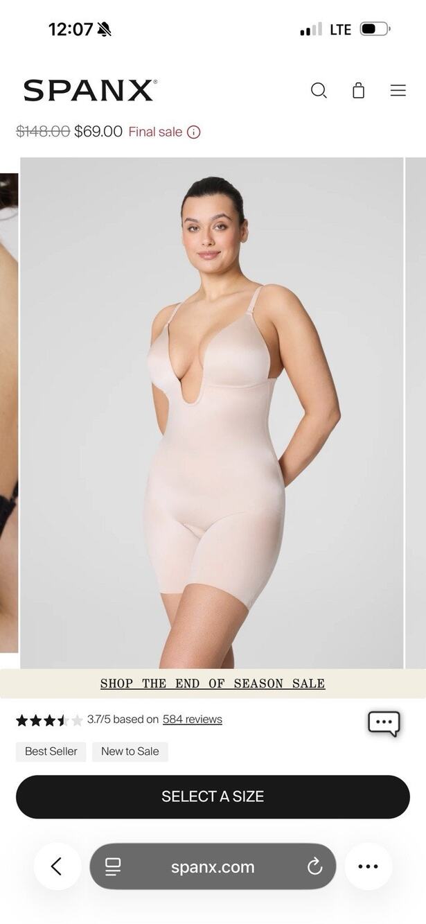 SPANX Suit Your Fancy Plunge Low-Back Mid-Thigh Bodysuit Moderate Compression M